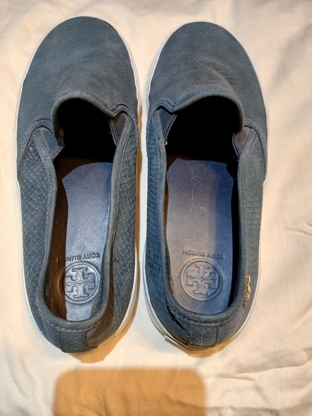 Tory Burch Navy Blue Leather Slip On Shoes Ladies 8.5 White Rubber Sole Casual